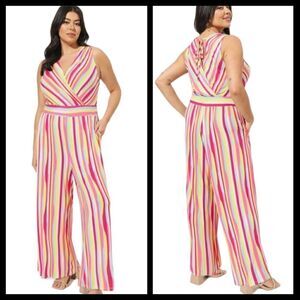 5X 28W Torrid Pink Stripe Jumpsuit V Neck Super Soft Pockets Stretch Shower Tie